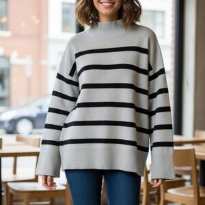 Women's Aaeda Grey and Black Striped Sweater - Size M